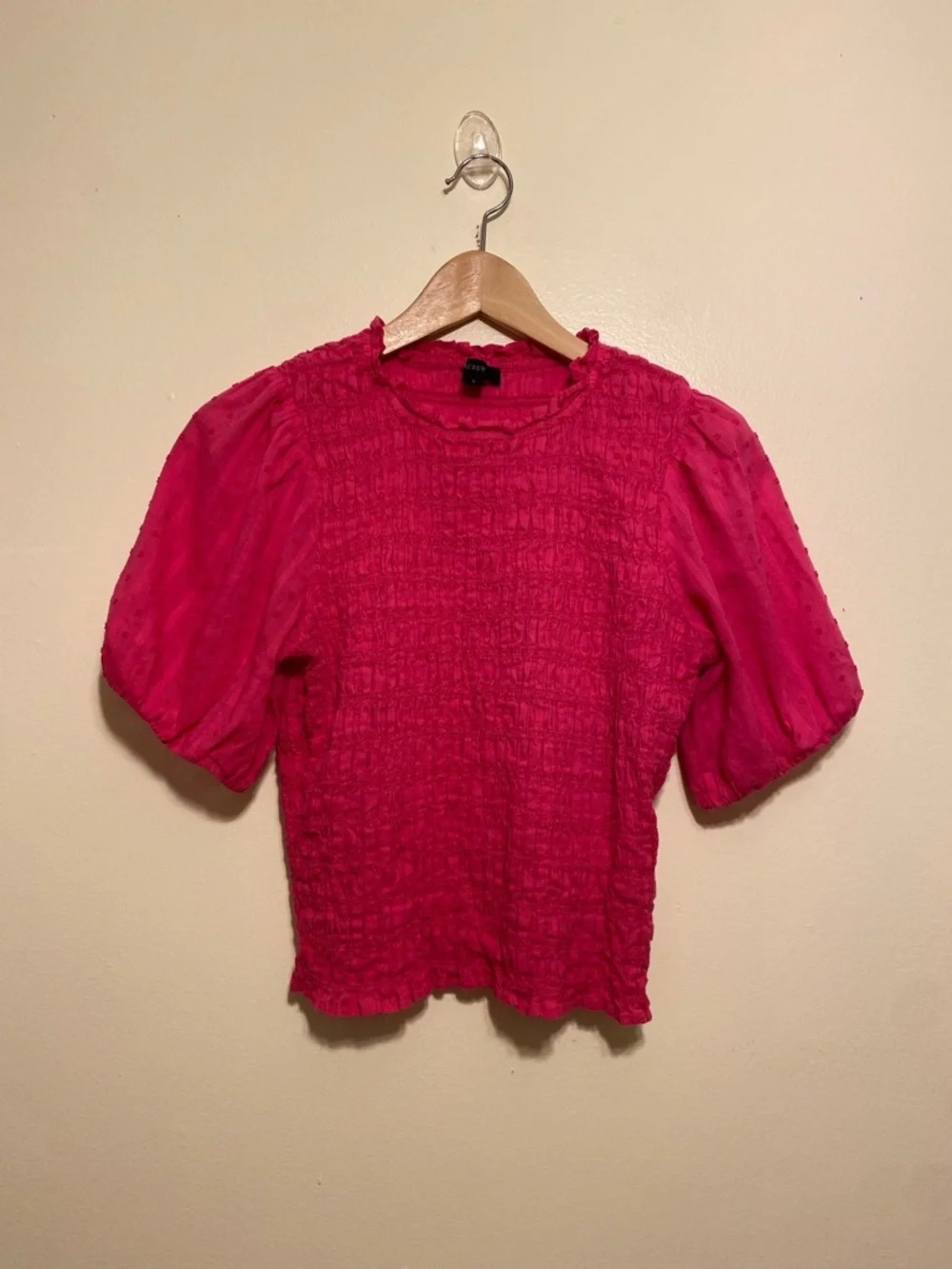J. Crew Bright Pink Puff-Sleeve Smocked Top. Size S . Style BI436